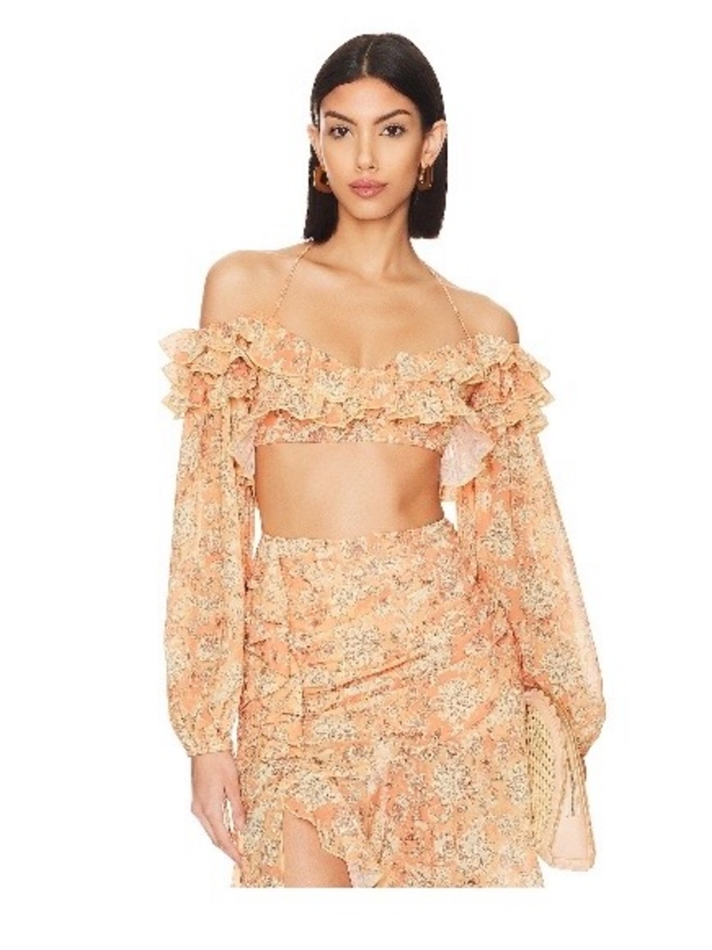 Tularosa Peach Floral Off-Shoulder Ruffle Crop & Skirt Set